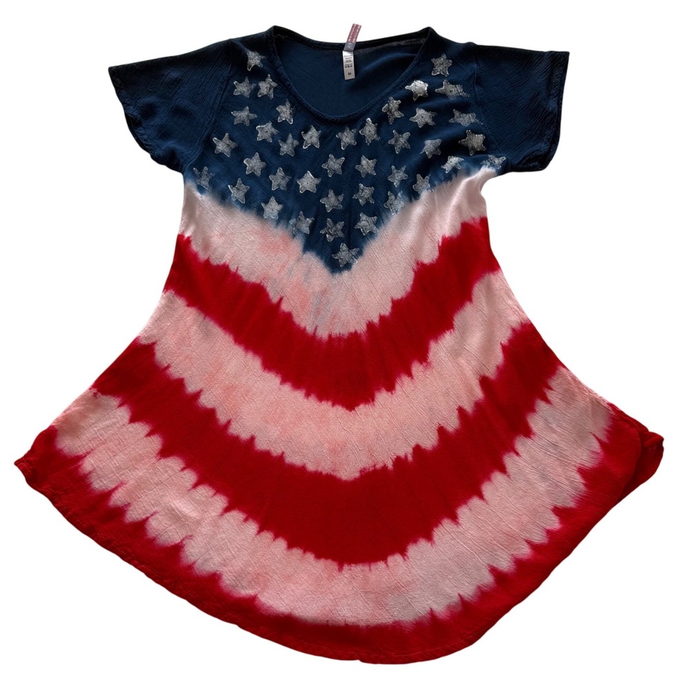 Isaacs Designs Tunic Women Medium Red White Blue Excellent Tie Dye Stars Stripes